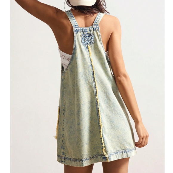 Boho Light Wash Frayed Pockets Denim Overalls Mini Dress - Picture 6 of 7